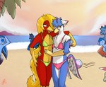 anthro beach beak being_watched bikini bikini_bottom bikini_top bulge clothed clothing crossdressing detailed_bulge feathers femboy hair long_hair long_tail looking_at_another male red_body red_feathers seaside swimwear tail two-piece_swimsuit yellow_beak yellow_body yellow_feathers fridaylugia mythology glori_gamebird nero_(fridaylugia) avian bird chrysolophus galliform golden_pheasant gryphon mythological_avian mythological_creature phasianid hi_res