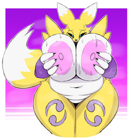 anthro areola arm_tuft armwear armwear_only belly big_areola big_breasts big_nipples black_claws black_nose black_sclera blue_eyes bodily_fluids breast_grab breasts bridal_gauntlets bridal_gauntlets_only claws clothing countershade_breasts countershade_torso countershading dipstick_ears dipstick_tail ear_markings facial_markings featureless_crotch female female_anthro fingers front_view fur gloves_(marking) half-closed_eyes hand_on_breast hand_on_own_breast hands_on_own_breasts head_markings holding_breast huge_breasts leg_markings looking_at_viewer markings mostly_nude mostly_nude_anthro mostly_nude_female multicolored_body multicolored_ears multicolored_fur multicolored_tail narrowed_eyes navel nipples presenting presenting_breasts pupils purple_armwear purple_bridal_gauntlets purple_clothing purple_markings shoulder_tuft slightly_chubby slightly_chubby_anthro slightly_chubby_female solo sweat sweaty_breasts sweaty_face tail tail_markings thick_thighs thigh_markings tuft white_body white_ears white_fur white_tail wide_hipped_anthro wide_hipped_female wide_hips yellow_body yellow_ears yellow_fur yellow_tail feladrine bandai_namco digimon digimon_(species) renamon 2025 absurd_res digital_drawing_(artwork) digital_media_(artwork) hi_res