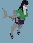 anthro big_breasts breasts clothing female footwear green_clothing grey_body hair high_heels long_hair purple_eyes sandals shoes simple_background smile solo vicenice daniela_sanchez fish marine shark 3d_(artwork) absurd_res blender_(artwork) digital_media_(artwork) hi_res trans_(lore) trans_woman_(lore)