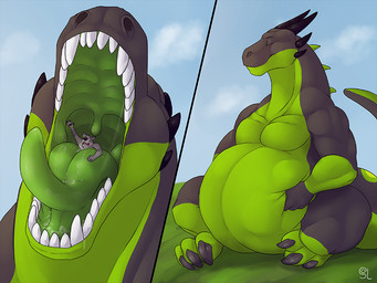 anthro anthro_pred anthro_prey belly big_belly black_horn black_pawpads bodily_fluids cheek_spikes claws duo eyes_closed facial_spikes fingerpads fur green_body green_tongue grey_body grey_claws grey_fur holding_belly horn male male_pred male_prey mouth_closed mouth_shot neck_spikes nude open_mouth oral_vore overweight overweight_anthro overweight_male pawpads saliva saliva_string sitting size_difference solo_focus spikes spikes_(anatomy) tongue uvula vore solaxe_(artist) mythology canid canine dragon mammal mythological_creature mythological_scalie scalie 4:3