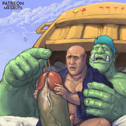 5_fingers bald big_muscles big_penis bodily_fluids body_hair chest_hair clothing duo erection fingers genital_fluids genitals green_body handjob hat headgear headwear huge_penis human_on_humanoid humanoid_genitalia humanoid_penis humanoid_pointy_ears imminent_anal interspecies larger_humanoid larger_male male male/male mostly_nude muscular muscular_humanoid muscular_male nipples open_mouth pecs penile penis penis_size_difference pointy_ears precum sex size_difference smaller_human smaller_male teeth tusks mrgruts human humanoid mammal orc 1:1 signature