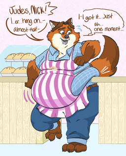 anthro apron belly belly_overhang belt big_belly blue_eyes bottomwear brown_body brown_fur brown_hair claws clothing counter dialogue dipstick_tail fangs food fur hair love_handles male markings motion_lines orange_body orange_fur overweight overweight_male pants pastry paws pie plantigrade shirt smile solo speech_bubble stuck sweatdrop_(iconography) tail tail_markings tan_body tan_fur teeth text thick_thighs topwear evilpumpkinhead disney zootopia gideon_grey canid canine fox mammal red_fox true_fox 2026 english_text hi_res