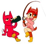 alcohol anthro beverage cigarette drinking duo eye_spot female fishing fishing_rod fur red_body red_fur tired white_void wine wine_bottle kaydd_draws webfishing felid feline mammal hi_res