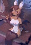 absurd_res ambient_bat anthro arm_warmers armwear barely_visible_genitalia barely_visible_pussy bat bat_wings big_breasts blep blush breasts brown_body brown_fur brown_hair clothed clothing female fensu-san fur genitals gesture hair hand_gesture hi_res jessie_(fensu-san) lagomorph legwear leporid long_ears mammal membrane_(anatomy) membranous_wings mostly_nude nipples pussy rabbit red_eyes sitting solo stockings thigh_highs tongue tongue_out v_sign wings