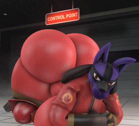 anthro armor ass_up big_breasts big_butt breasts butt clothing crossed_arms door female firefighter_helmet fur gloves handwear headgear helmet huge_breasts huge_butt hyper hyper_butt latex latex_clothing lips looking_at_viewer on_ground purple_body purple_fur red_eyes sign solo text thick_lips thick_thighs wide_hips bimbomorph_(artist) nintendo pokemon team_fortress_2 valve alex_asora pyro_(team_fortress_2) canid canine generation_4_pokemon lucario mammal pokemon_(species) 3d_(artwork) digital_media_(artwork) hi_res