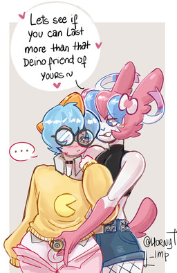 anthro aroused aroused_face blue_hair blush blush_lines bottomwear bottomwear_down bullying chastity_cage chastity_device clothed clothing clothing_lift collar duo eyewear glasses hair humiliation humiliation_fetish latex latex_clothing male male/male nerd partially_clothed pink_body pink_hair shorts shorts_down teasing text wearing_glasses white_body horny_imp nintendo pokemon symon_(horny_imp) canid canine eeveelution generation_3_pokemon generation_6_pokemon mammal pokemon_(species) ralts english_text hi_res