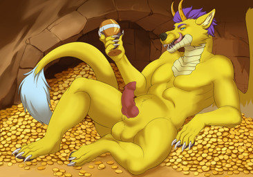 animal_genitalia anthro balls claws coin erection genitals gold_(metal) gold_coin hair horn knot licking licking_lips male muscular muscular_male nude penis self_lick solo teeth tongue tongue_out treasure treasure_hoard yellow_body mordorinka scalie absurd_res hi_res