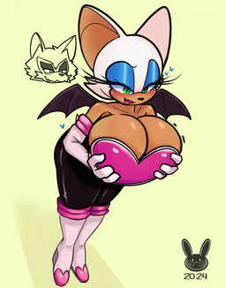 anthro big_breasts body_swap breasts cleavage clothed clothing female gloves green_eyes handwear heart_symbol logo simple_background solo white_background wings reiki_arts sega sonic_the_hedgehog_(series) rouge_the_bat bat mammal 2024 artist_logo hi_res