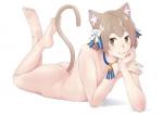 amber_eyes barefoot blush brown_body brown_fur brown_hair butt collar feet fur hair head_on_hand inner_ear_fluff looking_at_viewer lying male nipples nude on_front pose ribbons simple_background soles solo tuft white_background h-itokuzo re:zero ferris_argyle animal_humanoid cat_humanoid felid felid_humanoid feline feline_humanoid humanoid mammal mammal_humanoid 2016 digital_media_(artwork) pinup shaded