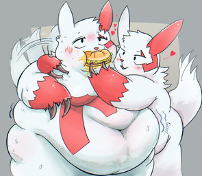 anthro belly belly_overhang belly_rolls big_belly biped blush bodily_fluids bodily_noises burger chubby_cheeks claw_fingers claws deep_navel duo eating feederism feeding food fur grease grey_background hand_behind_back hand_behind_head happy heart_reaction heart_symbol hug huge_thighs looking_at_another looking_pleasured love_handles male male/male markings moobs navel obese obese_anthro obese_male overweight overweight_anthro overweight_male red_body red_fur red_markings rumbling_stomach simple_background size_difference sound_effects standing sweat tail tail_motion tailwag text thick_thighs vowelless vowelless_sound_effect weight_difference weight_gain white_body white_fur wide_hips floofymeister nintendo pokemon generation_3_pokemon pokemon_(species) zangoose 2022 chromatic_aberration hi_res