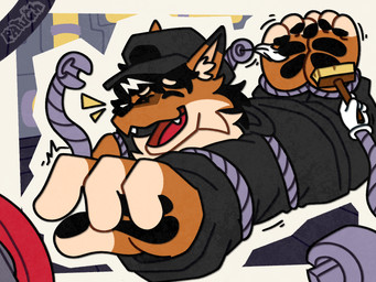3_toes 4_fingers anthro barefoot black_clothing black_hair black_hat black_headwear black_nose black_pawpads brown_body brown_fur brush cheek_tuft clothed clothed_anthro clothed_male clothing eyes_closed facial_tuft feet fingerless_(marking) fingers foot_fetish fur fur_markings fur_tuft hair hat headgear headwear inner_ear_fluff laugh loose_feather male markings multicolored_body multicolored_fur open_mouth open_smile pawpads restrained robot_arm robot_arms smile solo tan_body tan_fur tan_inner_ear_fluff tickle_fetish tickle_torture tickling tickling_feet tickling_machine toeless_(marking) toes tuft white_loose_feather patugh canid canine fox mammal 4:3 hi_res