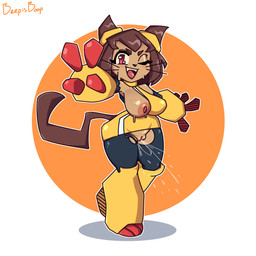 anthro big_breasts bodily_fluids breasts clothing female genital_fluids genitals gesture hand_gesture legwear looking_at_viewer one_breast_out one_eye_closed open_mouth open_smile simple_background smile solo torn_clothing torn_legwear v_sign vaginal_fluids vulva wink beepisboop gameoverse glitch_productions kit_bodega domestic_cat felid feline felis mammal 1:1 absurd_res hi_res