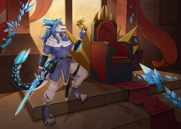 anthro blood blue_hair bodily_fluids crown crystal curtains detailed_background fantasy female gem glowing hair headgear ice interior_background jewelry magic melee_weapon solo sunset sword tail throne_room weapon window harmaagriffin mythology dragon mythological_creature mythological_scalie scalie hi_res