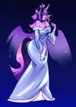 anthro clothing crown dress ear_piercing ear_ring female headgear horn looking_at_viewer magic_wand piercing ring_piercing smile smiling_at_viewer solo space sparkles wings sarpiza friendship_is_magic hasbro mario_bros my_little_pony mythology nintendo super_mario_galaxy rosalina_(mario) twilight_sparkle_(mlp) equid equine mammal mythological_creature mythological_equine winged_unicorn absurd_res hi_res
