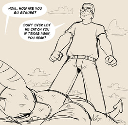 anthro bruised clothed clothed_human clothed_male clothing defeated defeated_villain duo eyewear fight fully_clothed fully_clothed_human fully_clothed_male glasses male male_human spade_tail standing standing_over tail texas text wearing_glasses 60percentscalie king_of_the_hill dovak hank_hill demon human mammal scalie english_text