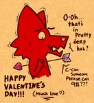 ambiguous_gender anthro arrow_(weapon) bodily_fluids cardboard comic_panel dialogue gesture hand_gesture heart_symbol holidays humor nervous pointing ranged_weapon simple_background simple_eyes simple_face solo sweat sweatdrop text valentine's_day_card weapon worried deedoss valentine's_day redd_(deedoss) canid canine canis fox mammal wolf english_text hi_res