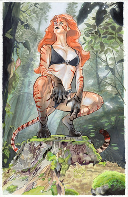 bikini black_bikini black_claws black_clothing black_swimwear border breasts claws clothed clothed_female clothed_humanoid clothing countershade_torso countershading crouching female female_humanoid finger_claws forest forest_background hair markings nature nature_background on_stump orange_body outside plant red_hair red_stripes solo striped_markings stripes swimwear tail tiptoes toe_claws tree tree_stump two-piece_swimsuit white_border thad_robeck marvel tigra animal_humanoid felid felid_humanoid humanoid mammal mammal_humanoid pantherine pantherine_humanoid tiger_humanoid 2025 full-length_portrait hi_res portrait signature