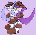 anthro arm_tuft belt big_tail black_eyes blue_eyes blush boots carrying_another carrying_partner cheek_tuft clone clothing cowboy_hat duo facial_tuft footwear fur gloves handwear hat headgear headwear hug leg_grab male neck_tuft overweight overweight_male purple_background purple_body purple_fur sharp_teeth shoes shoulder_tuft simple_background smile square_crossover tail teeth teeth_showing thigh_grab tuft white_body white_fur wiishyishii sega sonic_the_hedgehog_(series) fang_the_hunter dipodid jerboa mammal rodent 2022 absurd_res hi_res