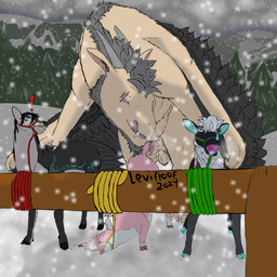 balls beard blue_eyes bodily_fluids claws cum cum_on_penis cum_string dominant exclamation_point eyes_closed eyewear facial_hair facial_horn facial_scar fake_eye fangs feathered_wings feathers female feral feral_on_feral finger_claws forest forest_background fur fur_markings genital_fluids genitals glasses glasses_off grey_beard grey_facial_hair grey_mane group halter hitching_post horn larger_dom larger_male licking licking_lips looking_pleasured male male/female mane markings mountain_range nature nature_background nose_horn open_mouth outside panicking penis pink_body pink_fur plant reins scar size_difference smaller_female snow snowing_outside teeth tongue tongue_out tree wing_claws wings leviticusthefluff european_mythology mythology bobythedragon leviticus_despencer ryzia snow_(matthewdragonblaze) deer dragon furred_dragon furred_scalie mammal mythological_creature mythological_scalie scalie western_dragon 1:1 2024 hi_res line_art shaded shaded_line_art
