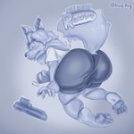 anthro blush bottomwear butt clothed clothing clumsy fur gun hair handgun holding_object looking_at_viewer male pants pawpads paws pistol ranged_weapon reloading shirt simple_background solo surprised_expression tail text topwear weapon bug6uy animal_humanoid canid canine canis domestic_dog humanoid husky mammal nordic_sled_dog spitz hi_res monochrome