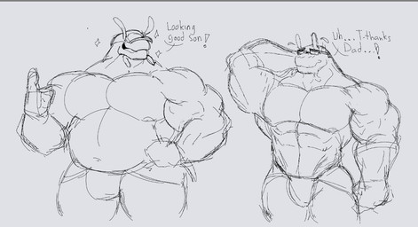 belly big_arms big_muscles bulge clothing dialogue duo hat headgear headwear male muscular muscular_male pecs simple_background text underwear kalciumriz hal_shellby_(entitropy) gastropod mollusk snail