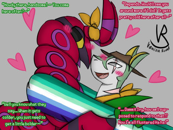 blush boop clothing clothing_pull cowboy_hat duo feral hat headgear headwear heart_symbol lgbt_pride male male/male mostly_nude nose_boop pride_color_clothing pride_colors scarf scarf_only text vanilla_road lgbt_pride_month nintendo pokemon pokemon_mystery_dungeon spike_chunsoft ivy_(vanilla_road) sam_(vanilla_road) arthropod centipede generation_5_pokemon insect myriapod pokemon_(species) reptile scalie scolipede serperior snake hi_res