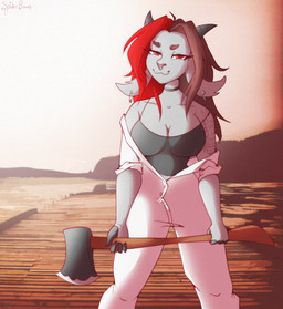 anthro axe biped black_clothing black_topwear boardwalk breasts cleavage clothed clothing ear_piercing facial_piercing female hair holding_axe holding_object horn melee_weapon multicolored_hair nose_piercing nose_ring outside photo_background piercing red_eyes red_hair ring_piercing safety_pin screw septum_piercing septum_ring solo standing topwear two_tone_hair weapon spider_bones bridgette_(spider_bones) mammal digital_media_(artwork) hi_res photography_(artwork) shaded