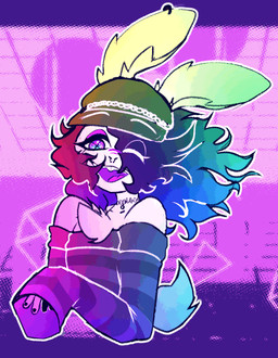 abstract_background anthro bare_shoulders black_nails buckteeth choker clothed clothing colored_nails cross_pupils ear_piercing ear_ring eye_through_hair eyebrows eyeshadow facial_piercing femboy fingers hair hair_over_eye hat headgear headwear jewelry lgbt_pride long_hair long_sleeves makeup male nails necklace nose_piercing off_shoulder one_eye_closed open_mouth open_smile pattern_clothing pattern_shirt pattern_topwear piercing pink_eyeshadow pride_colors purple_eyes purple_mouth purple_tongue rainbow_pride_colors ring_piercing scut_tail shirt short_tail smile solo striped_clothing striped_shirt striped_topwear stripes tail teeth tongue topwear translucent translucent_hair white_eyebrows cryptiacurves cryptia lagomorph leporid mammal rabbit 2024 digital_drawing_(artwork) digital_media_(artwork)