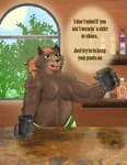 alcohol_bottle anthro bottle brown_body brown_fur clothed clothing container cup detailed_background fur furniture interior_background male male_anthro mug musclegut muscular muscular_male slightly_chubby slightly_chubby_anthro slightly_chubby_male solo table tavern text topless topless_anthro topless_male wall_(structure) window wood wood_furniture wood_table wood_wall awolfwithglasses bear mammal english_text hi_res
