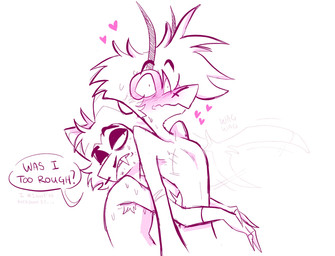 after_sex aftercare anthro armpit_hair blush blushing_profusely bodily_fluids body_hair dialogue duo facial_hair hair hug hugging_another hugging_from_behind larger_sub male male/male messy_hair size_difference submissive surprised sweat tail tail_motion tailwag text himejoshimaster hellaverse helluva_boss chazwick_thurman striker_(helluva_boss) aquatic demon fish imp shark english_text hi_res