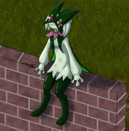 anthro female grass plant solo wall_(structure) derpsickle nintendo pokemon generation_9_pokemon meowscarada pokemon_(species) hi_res