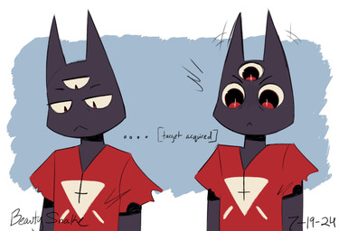 3_eyes anthro black_body blue_background clothed clothed_anthro clothed_male clothing male male_anthro multi_eye red_clothing red_shirt red_topwear shirt simple_background solo text topwear beauty_snake cult_of_the_lamb massive_monster_(studio) narinder domestic_cat felid feline felis mammal 2024 dated digital_drawing_(artwork) digital_media_(artwork) english_text hi_res signature