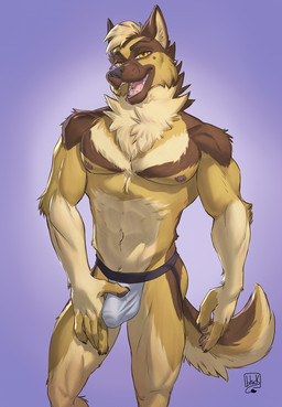 anthro areola bedroom_eyes biceps brown_body brown_fur bulge clothed clothing detailed_bulge fingers flaccid foreskin fur genital_outline genitals hair half-closed_eyes holding_penis humanoid_genitalia humanoid_penis jockstrap jockstrap_only looking_at_viewer male male_anthro muscular muscular_arms muscular_male narrowed_eyes nipples open_mouth partially_retracted_foreskin pecs penis penis_outline seductive simple_background smile smiling_at_viewer solo standing tail teeth topless topless_anthro topless_male underwear underwear_only lion21 canid canine canis domestic_dog german_shepherd herding_dog mammal pastoral_dog digital_media_(artwork) hi_res