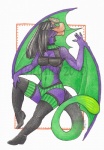 anthro bone_frill countershading female frill_(anatomy) green_body green_countershading green_eyes head_crest latex looking_at_viewer membrane_(anatomy) membranous_wings purple_body solo tail wings calolily capcom monster_hunter avian bird_wyvern gypceros hi_res traditional_media_(artwork)