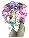 anthro beverage breasts bubble_tea cleavage clothed clothing container cup drinking_straw female fur grey_body grey_fur hair inner_ear_fluff multicolored_hair one-piece_swimsuit purple_eyes purple_hair solo swimwear tan_body tan_fur tuft two_tone_hair michele_light hands-free_bubble_tea lagomorph leporid mammal rabbit 2022 meme