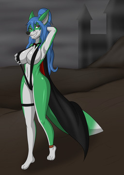 anklet anthro big_breasts bikini blue_hair breasts brown_eyes cape castle clothed clothing costume fangs female fog fondling fur green_body green_fur hair halloween_costume hand_on_breast holding_breast holidays jewelry navel one-piece_swimsuit outside self_fondle skimpy skimpy_bikini sling_bikini smile solo swimwear teeth two-piece_swimsuit vampire_costume aventis_vixxx halloween aventis canid canine fox mammal vampire hi_res