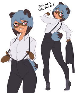 anthro black_bottomwear black_clothing black_pants blue_body blue_fur blue_hair bottomwear brown_body brown_fur clothed clothing female fluffy fluffy_tail footwear fur hair holding_clothing holding_object looking_at_viewer looking_back pants shirt simple_background smile socks solo tail text topwear white_background white_clothing white_shirt white_topwear conditional_dnp pudgeruffian brand_new_animal studio_trigger michiru_kagemori canid canine mammal raccoon_dog tanuki 5:6 absurd_res digital_media_(artwork) hi_res