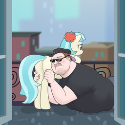 balcony blush clothing duo fedora female feral hair hat headgear headwear hug male multicolored_hair obese outside overweight two_tone_hair arareroll friendship_is_magic hasbro my_little_pony coco_pommel_(mlp) earth_pony equid equine horse human mammal pony 1:1 2015 hi_res