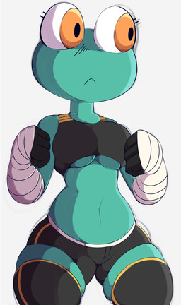 anthro big_breasts breasts clothing female revealing_breasts simple_background solo tight_clothing under_boob workout_clothing greepurl amphibian frog absurd_res hi_res