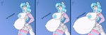 2023 3:1 absurd_res anthro areola arm_warmers armwear belly big_belly big_breasts blue_areola blue_background blue_eyes blue_hair blue_nipples blush bottomless bottomless_female brasslion breast_expansion breasts butt clothed clothing colored expansion fangs felid female fur grey_body grey_fur grey_nose growth hair hi_res huge_belly hyper hyper_pregnancy ivory_whittaker legwear long_hair looking_at_viewer mammal markings mayternity mayternity_2023 navel nipples outie_navel pantherine pattern_armwear pattern_clothing pattern_legwear pregnancy_progression pregnant pregnant_anthro pregnant_female sequence side_view signature simple_background snow_leopard solo spots spotted_body spotted_fur stockings striped_armwear striped_clothing striped_legwear stripes teeth thick_thighs thigh_highs topless topless_anthro topless_female white_body white_fur