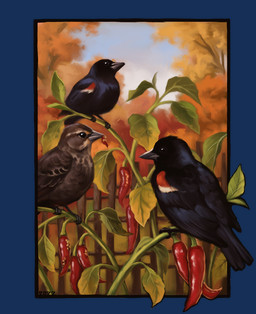 autumn beak black_beak black_body black_eyes black_feathers brown_body brown_feathers feathers female fence feral food fruit grey_beak group male markings pepper_(fruit) perching plant red_markings tree trio alexpahomov avian bird icterid oscine passerine tricolored_blackbird 2020 alpha_channel digital_media_(artwork) digital_painting_(artwork) painting_(artwork)
