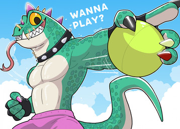anthro ball bodily_fluids clothed clothing collar fingerless_gloves gloves handwear male muscular piercing saliva smile solo spiked_collar spikes sweat tail text tongue tongue_out topless gsauce goat_(movie) sony_corporation sony_pictures modo_olachenko komodo_dragon lizard monitor_lizard reptile scalie hi_res