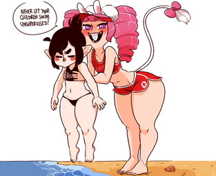 5_fingers 5_toes accessory ahoge barefoot beach bikini black_clothing black_hair blush blush_stickers bottomwear bow_(feature) bow_accessory bow_ribbon buckteeth clothing detailed_background dialogue duo eyelashes eyes_closed feet female fingers flat_chested fur furgonomics hair half-closed_eyes hat headgear headwear humanoid_hands humanoid_pointy_ears lifeguard lifeguard_bikini light_body light_fur light_skin long_tail narrowed_eyes navel open_mouth open_smile outside pale_skin pigtails pink_hair pointy_ears pouting public_service_announcement purple_eyes red_clothing ribbons sand seaside shorts size_difference smile speech_bubble suspension swimwear tail tail_accessory tail_bow tail_ribbon talking_to_viewer teeth text text_on_clothing text_on_swimwear thick_thighs toes two-piece_swimsuit visor_cap white_body white_fur wide_hips nuclearwasabi tera_online linette_noir neonatta animal_humanoid elin humanoid imp mammal mammal_humanoid mouse_humanoid murid murid_humanoid murine murine_humanoid rodent rodent_humanoid 2018 english_text