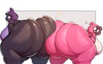 anthro big_breasts big_butt black_body breasts butt butt_bump clothing countershading duo female female/female hoodie huge_breasts huge_butt hyper hyper_breasts hyper_butt open_mouth open_smile pink_body shaking_butt short_stack simple_background smile square_crossover thick_thighs topwear twerking lightmizano epic_games fortnite cuddle_team_leader cuddly_(fortnite) raven_team_leader bear mammal hi_res