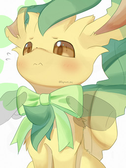 ambiguous_gender blush blush_lines bow_accessory bow_ribbon brown_eyes disembodied_hand duo feral fur leaf leaf_ears leaf_tail simple_background solo_focus tail text wavy_mouth white_background yellow_body yellow_fur daymare_exc nintendo pokemon eeveelution generation_4_pokemon leafeon pokemon_(species) 3:4 absurd_res artist_name hi_res