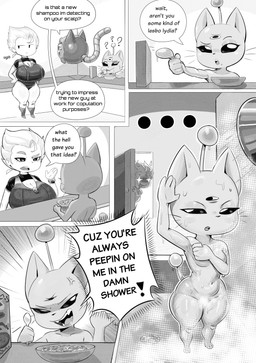 anthro bathing big_breasts biped breasts cleavage clothed clothing detailed_background dialogue female group huge_breasts machine nude showering speech_bubble text thick_thighs trio wet wet_body nebssik alien felid feline humanoid mammal robot absurd_res comic english_text hi_res