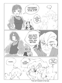 angry anthro broken_glasses clothed clothing crossdressing crossdressing_male dialogue eyewear face_punch female glasses group humor male punched smile text phantom_phony bandai_namco digimon makoto_kuonji raito_souda reina_sakuya tomoro_tenma digimon_(species) gekkomon human mammal monodramon pristimon scalie 3:4 comic english_text hi_res monochrome