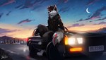 5_fingers anthro barefoot bottomwear car claws clothed clothing detailed_background feet fingers fluffy fluffy_tail inner_ear_fluff jacket male moon neck_tuft outside pants sitting sitting_on_car sky solo star starry_sky sunrise tail tail_tuft topwear tuft vehicle jumiifoxx_(artist) blizzard_(blizzardwolf) canid canine canis mammal wolf hi_res