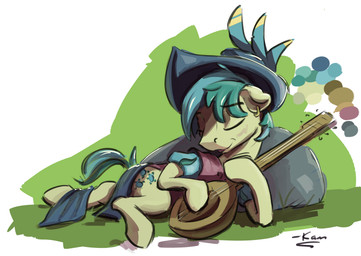 blue_body blue_feathers blush clothing cutie_mark ear_piercing ears_down eyes_closed feathers feral green_body green_hair hair hat headgear headwear lute lying male musical_instrument piercing pivoted_ears plucked_string_instrument small_tail solo string_instrument tail friendship_is_magic hasbro my_little_pony sandbar_(mlp) earth_pony equid equine horse mammal pony hi_res