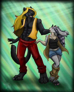 anthro clothed clothing duo female hair male male/female paws simple_background smile tail kaylii lopfe raknar felid hybrid lagomorph leopard mammal pantherine hi_res